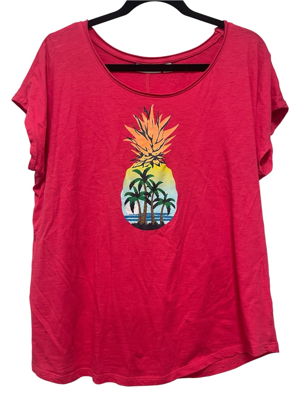Kiwi Fresh Size XL Pink Fuchsia Pineapple Palm Tree Cap Sleeve Tee